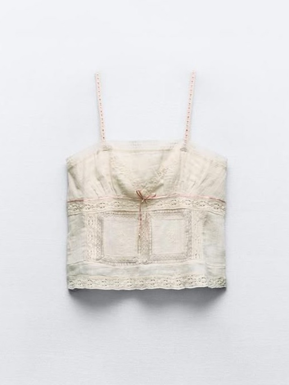 Zara Cream Lace-Trim Textured Top
